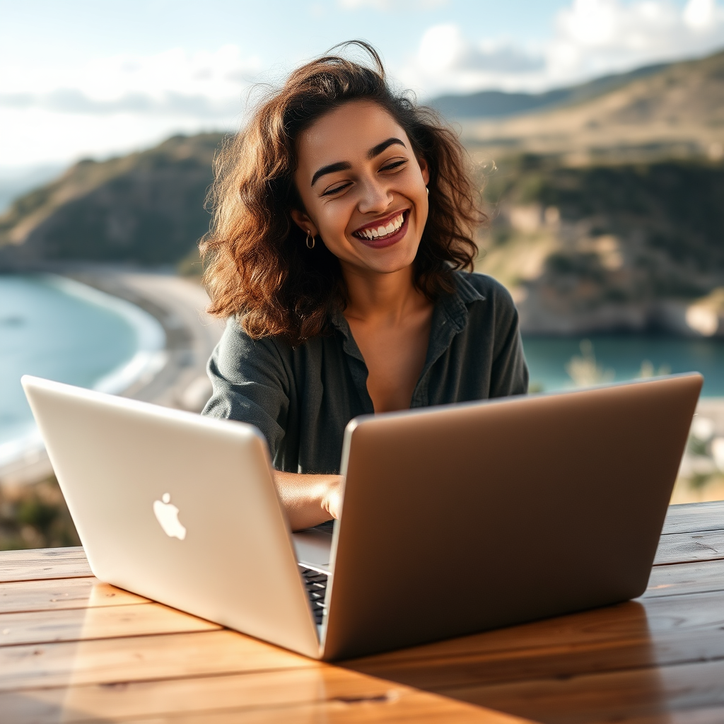 A person joyfully working on a laptop with a beautiful vista in the background. The composition balances productivity with the freedom of remote work. Focus is on the laptop screen and the surrounding environment. Make it 4k resolution. Style: lifestyle photography, emphasizing the flexibility of affordable connectivity.