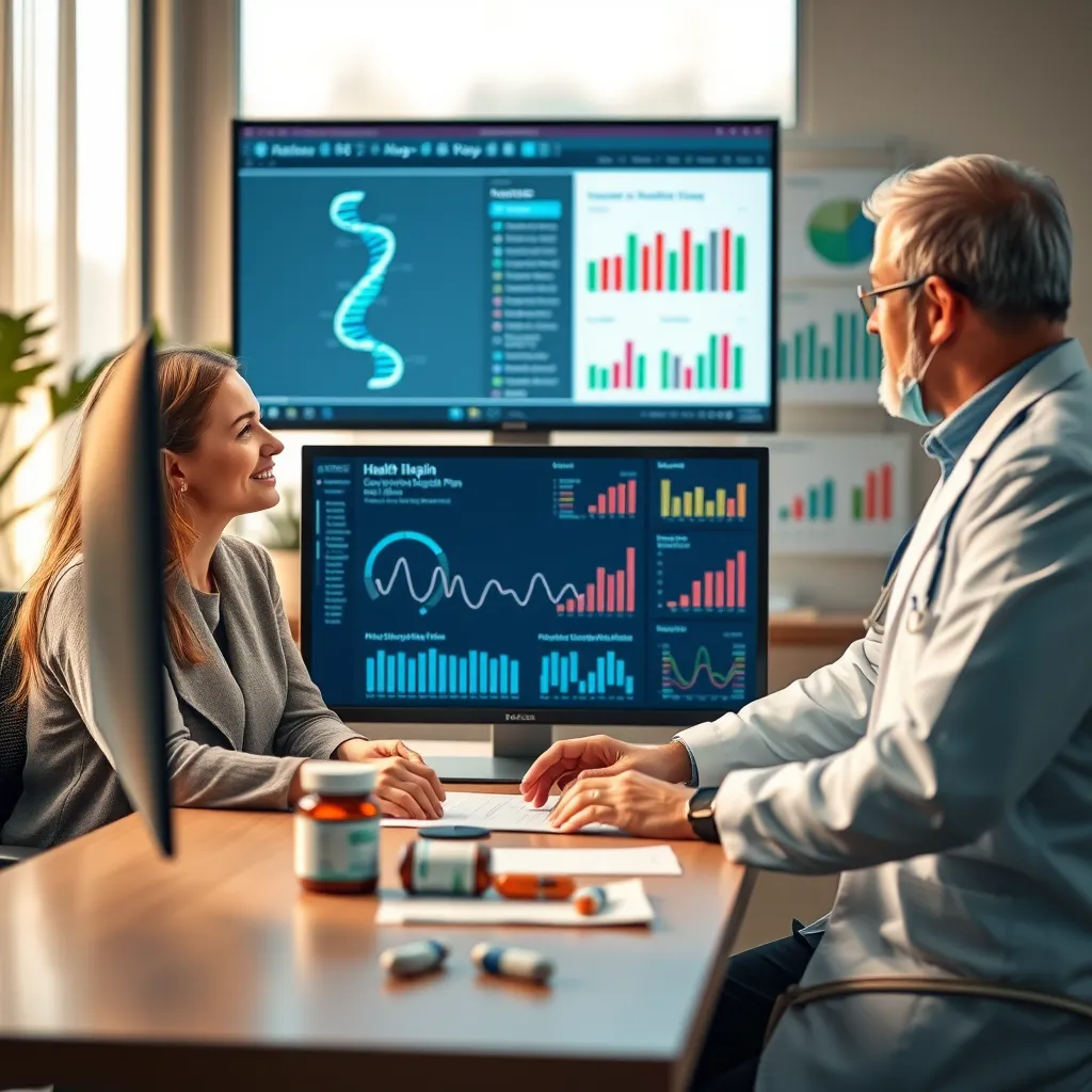 A professional healthcare provider discussing a personalized health plan with a patient in a modern clinic. The scene includes a computer screen displaying DNA analysis, supplements on a table, and charts displaying health data. Warm, inviting lighting.