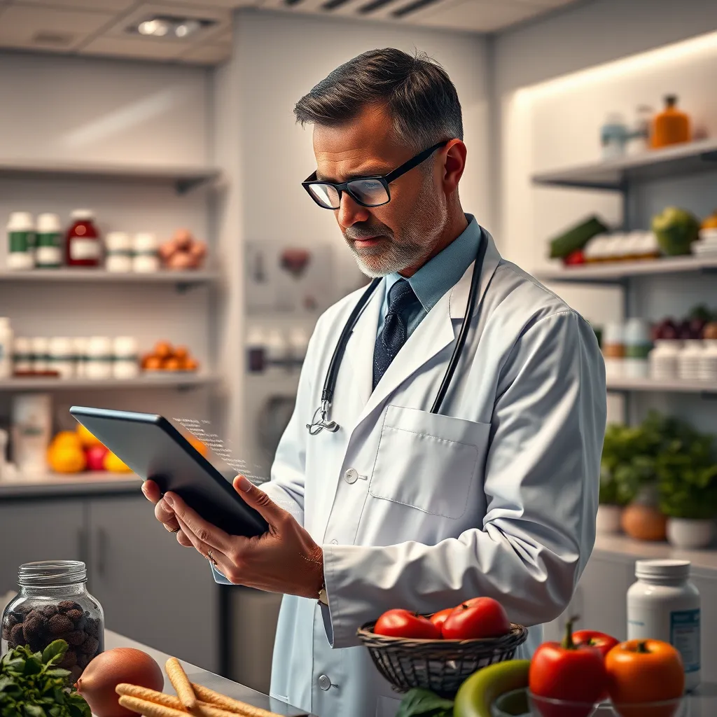 A professional looking at medical charts and DNA sequences on a digital tablet in a modern clinic, surrounded by symbols of health like fruits, vegetables, and supplements. The atmosphere should convey professionalism and thoroughness.