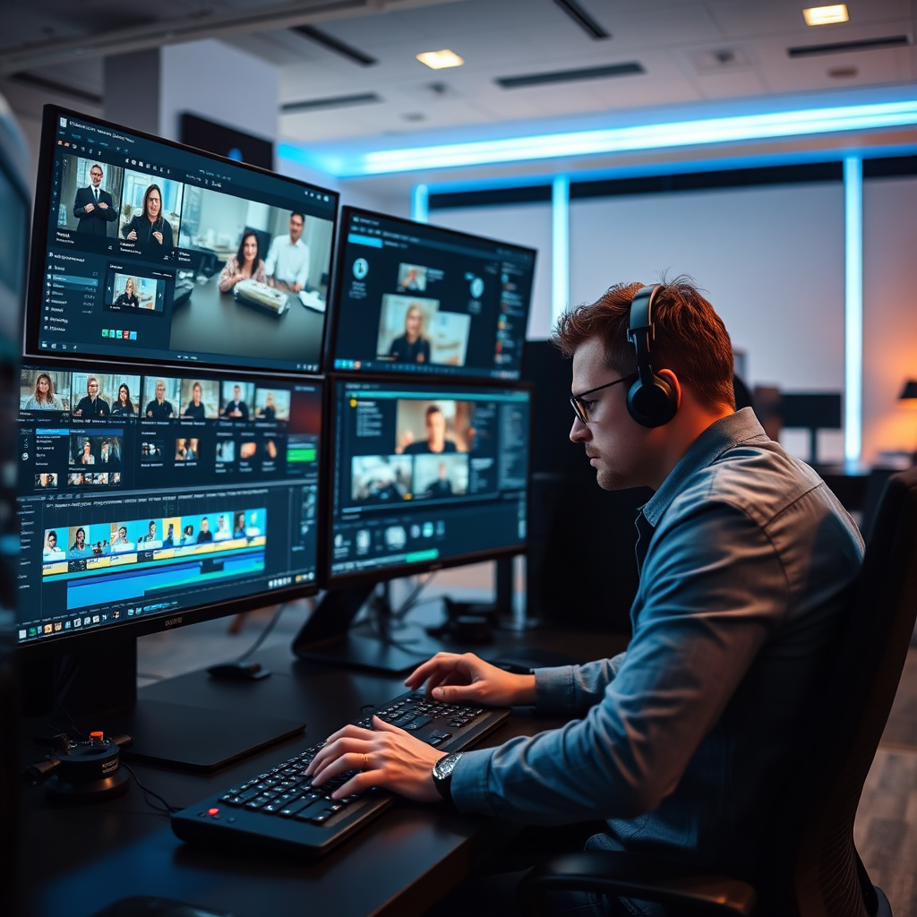 Professional video editor at a workstation