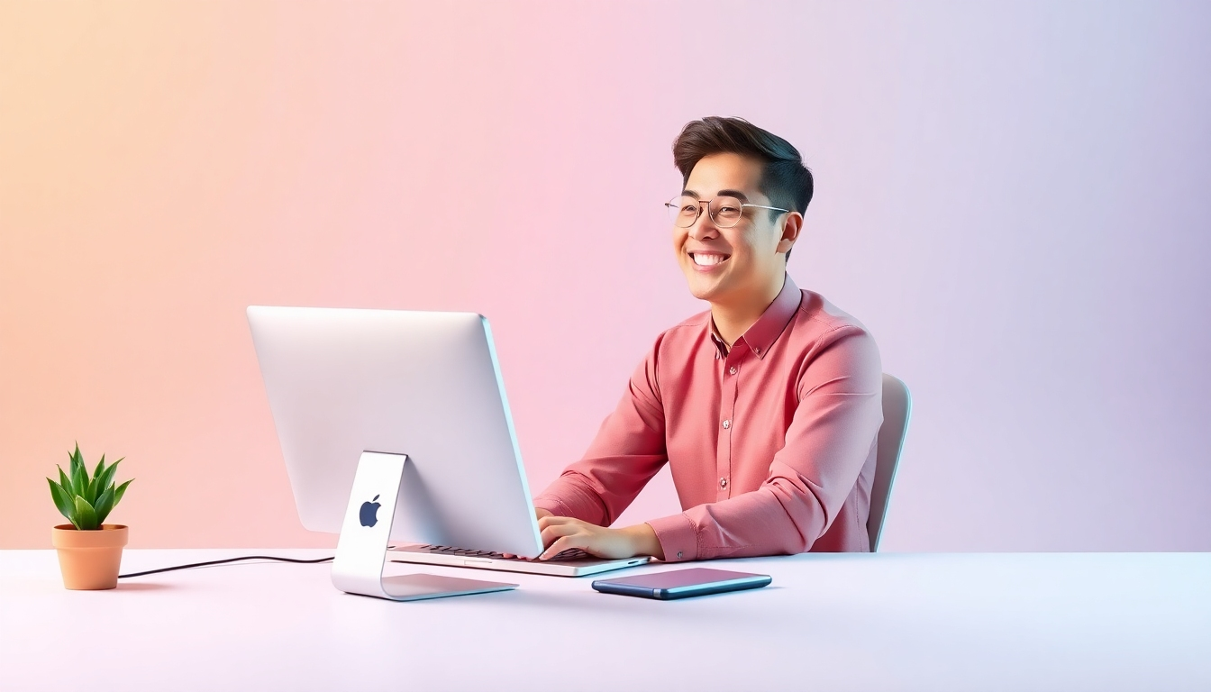 A photorealistic image of a person happily working on a computer, showing a stress-free and productive work environment. Use soft and inviting colors, while maintaining a professional tone.