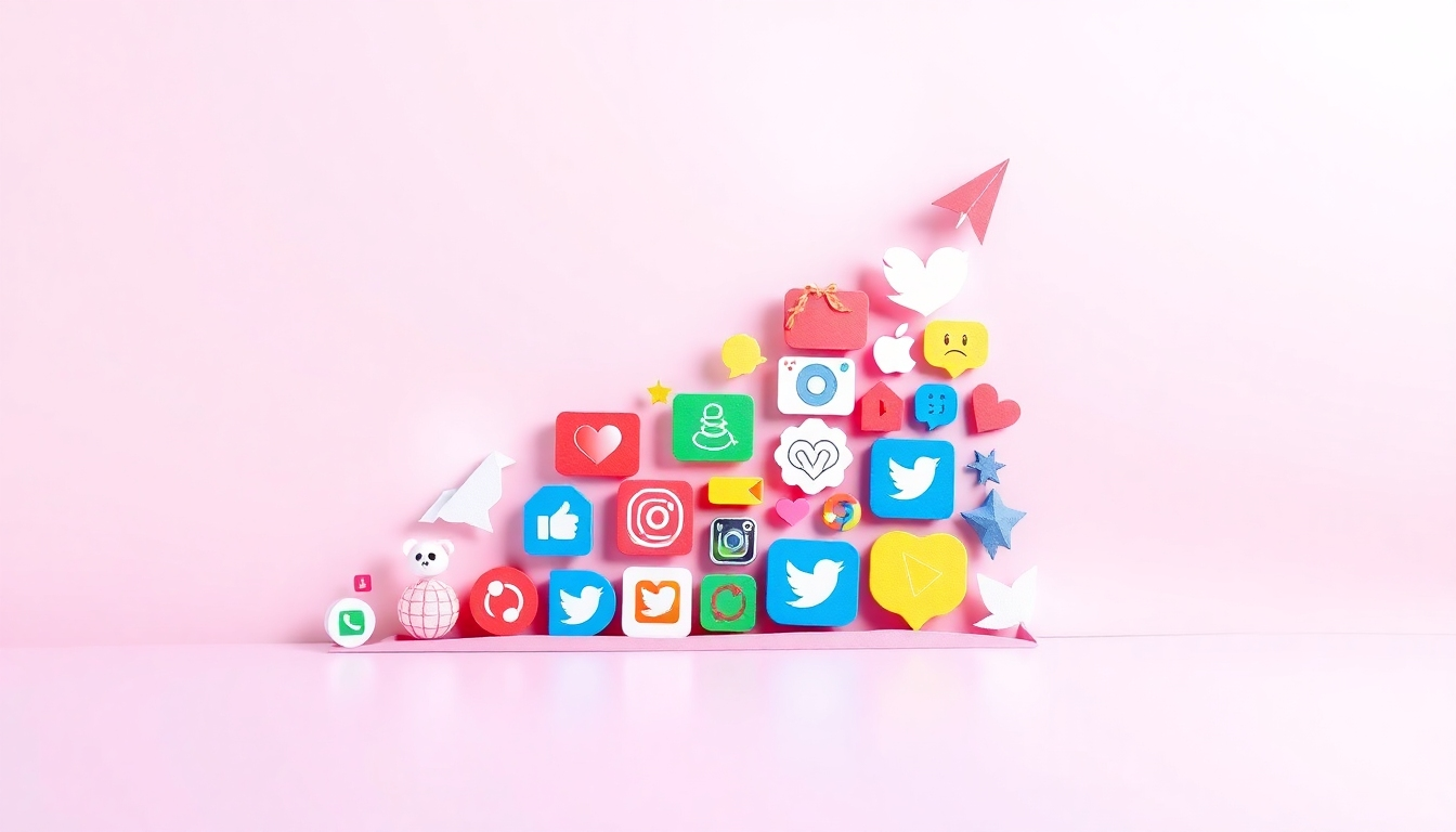 A stylized image depicting various social media icons forming an upward-trending graph. Use bright, eye-catching colors to convey a sense of growth and engagement. The visual style should suggest success and engagement.