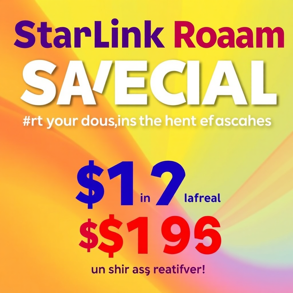 A vibrant, attention-grabbing advertisement-style image highlighting a special offer on Starlink Roam. Incorporate bold colors and clear text. Emphasis is on value and savings. The overall impression is inviting and persuasive. The focus is the price. Use 4k resolution. Style: Marketing photography.