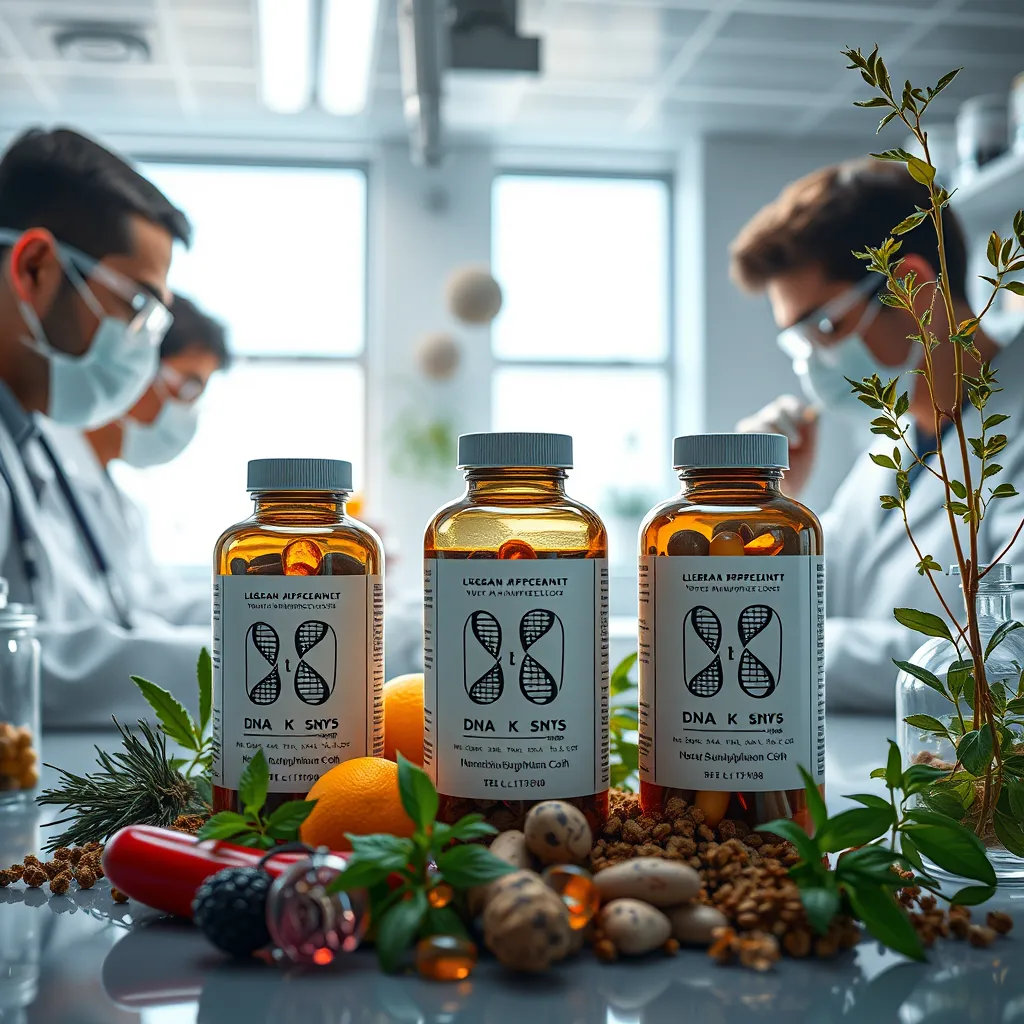 A well-designed lab environment where scientists are formulating supplements. Close-up of unique supplement bottles with personalized labels representing different DNA profiles, surrounded by ingredients and herbal plants. Bright and clean atmosphere.