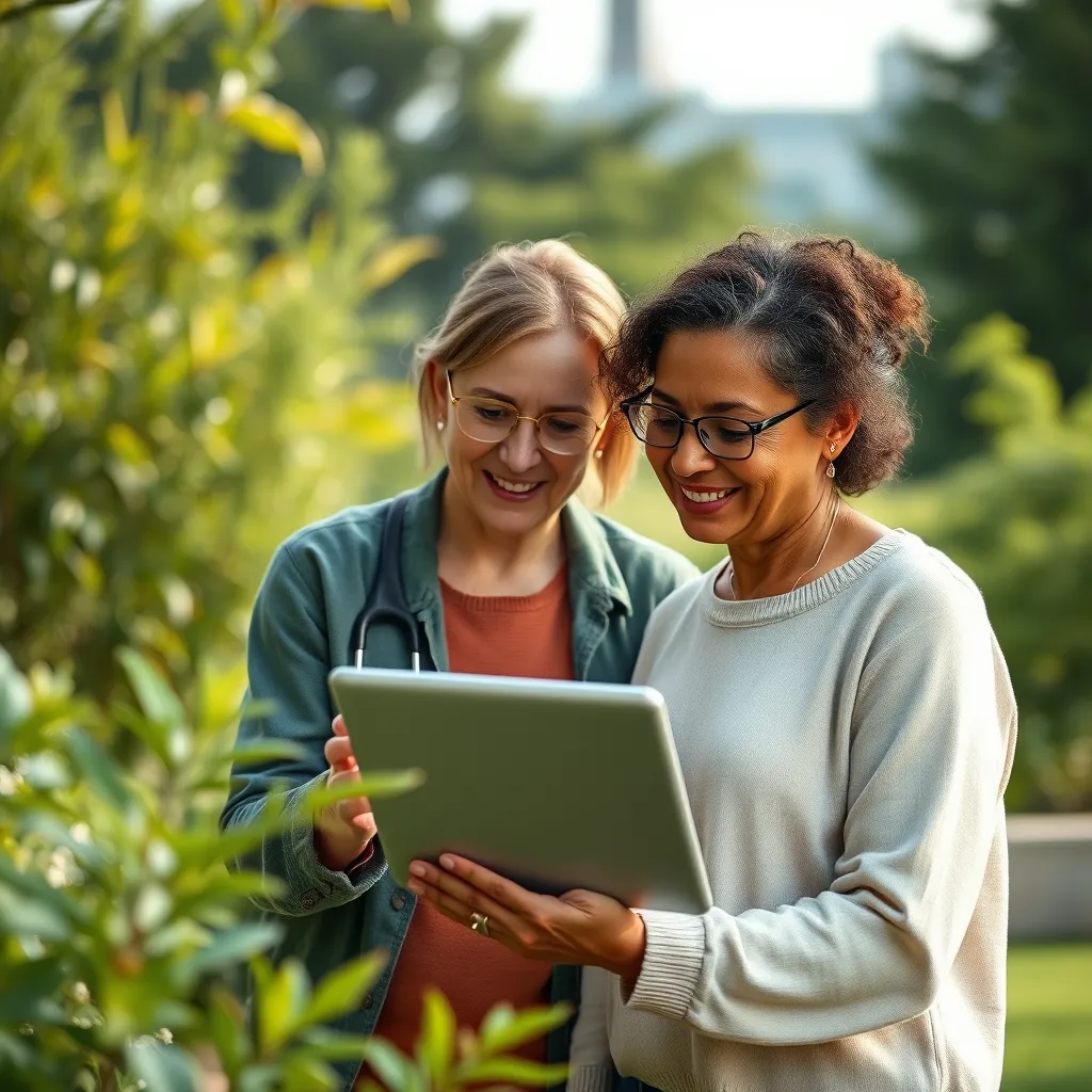 A wellness coach engaging with a client in a serene outdoor setting, reviewing health plans on a tablet. The background features nature and greenery, symbolizing health and vitality. Both individuals appear focused and positive.