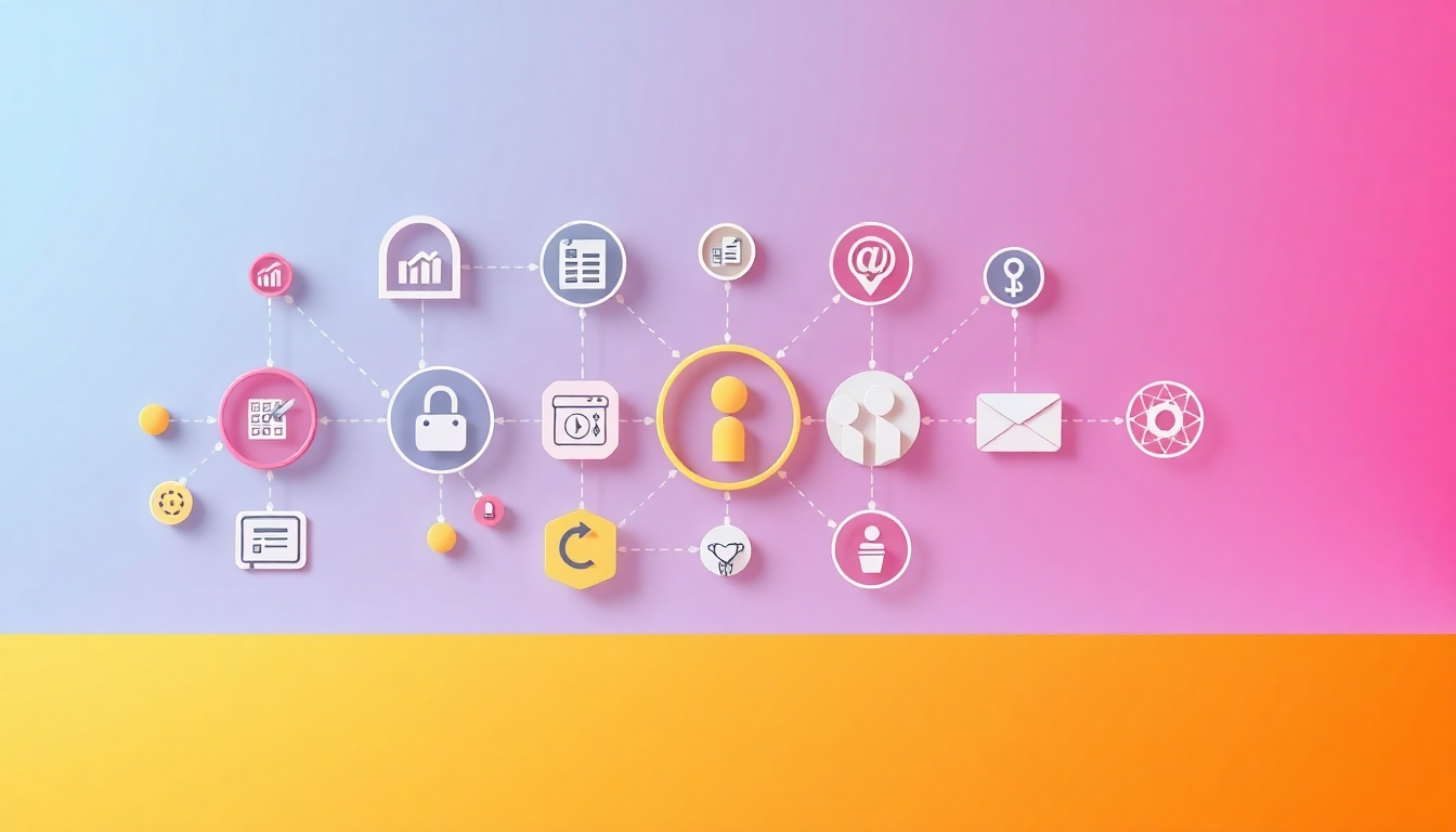 An abstract graphic design showing various interconnected icons representing tasks, project management, and client relations. Use a stylized design, with clean lines and vibrant colors, to convey professionalism and efficiency.