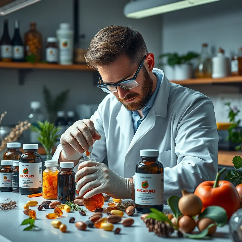 An artisan lab scene with a scientist meticulously creating colorful nutritional supplements in custom bottles. Surround this with natural ingredients like herbs and fruits, showcasing a blend of science and nature in health and wellness.