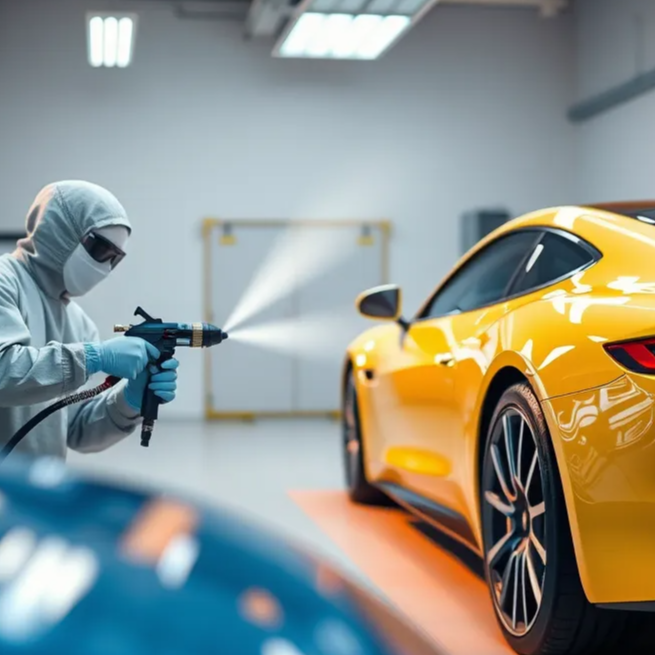 An elegant auto body shop where a professional painter is applying a sleek coat of paint to a luxury car. The scene highlights the vibrant colors of automotive paint, a spray gun in action, and a pristine, well-lit environment.