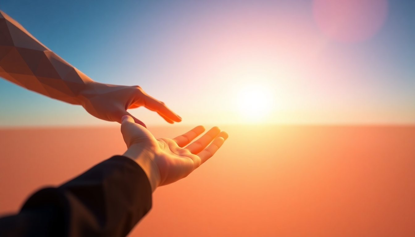 An image depicting a hand reaching for a helping hand, representing the supportive and reliable nature of the Virtual Assistant services offered. Use warm lighting to convey a sense of comfort and security.