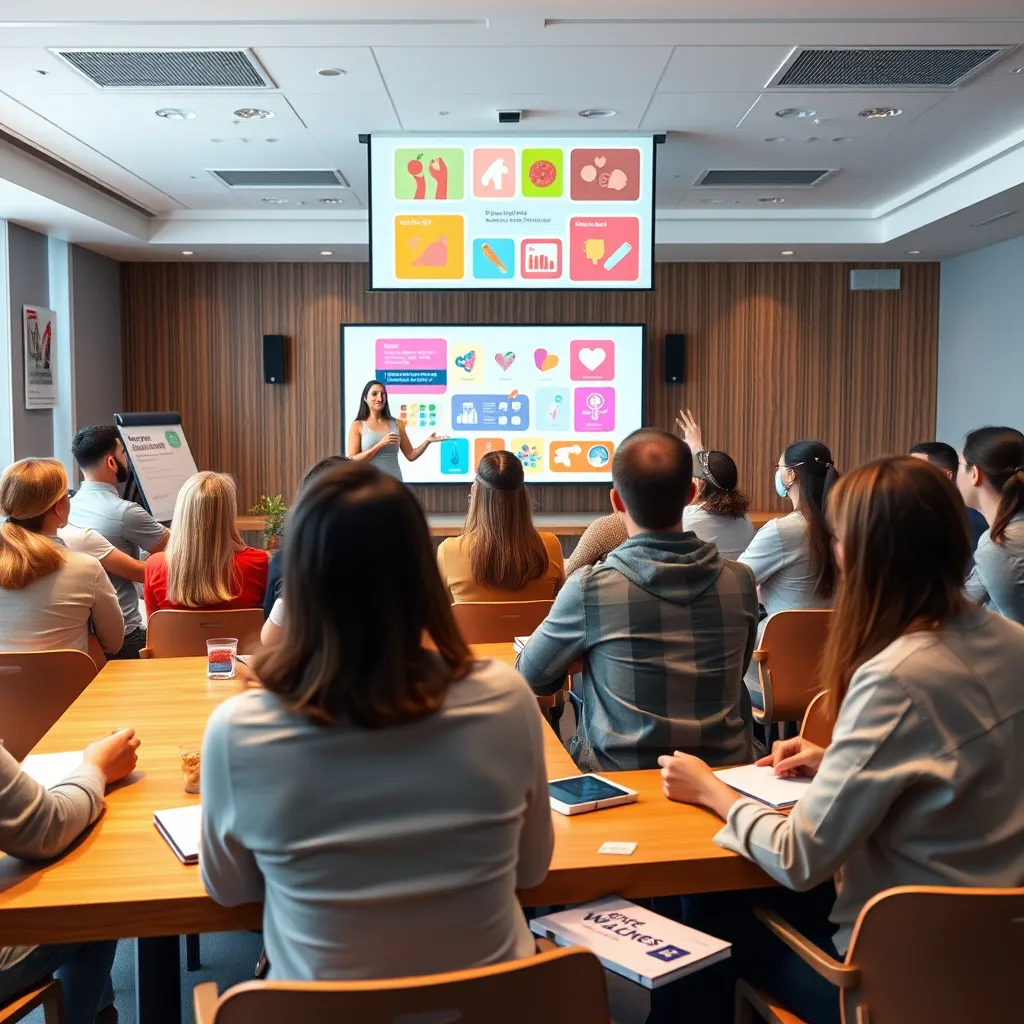 An informative workshop in progress with a diverse group of individuals eagerly participating. The instructor, a fit woman in her 30s, is enthusiastically presenting on stage with a large screen behind her displaying vibrant graphics related to health and wellness. The room is brightly lit with soft diffused lighting, fostering an engaging and energetic atmosphere. Participants are seated at stylish wooden tables, with notebooks and health guides in front of them. The color palette includes light blues and whites, exuding a clean and fresh vibe. Captured from the audience's perspective, the image conveys the excitement of learning. Details in the environment include motivational posters and healthy snacks on a table. Shot in 8K resolution, highly detailed, depicting the lively textures of people and materials.