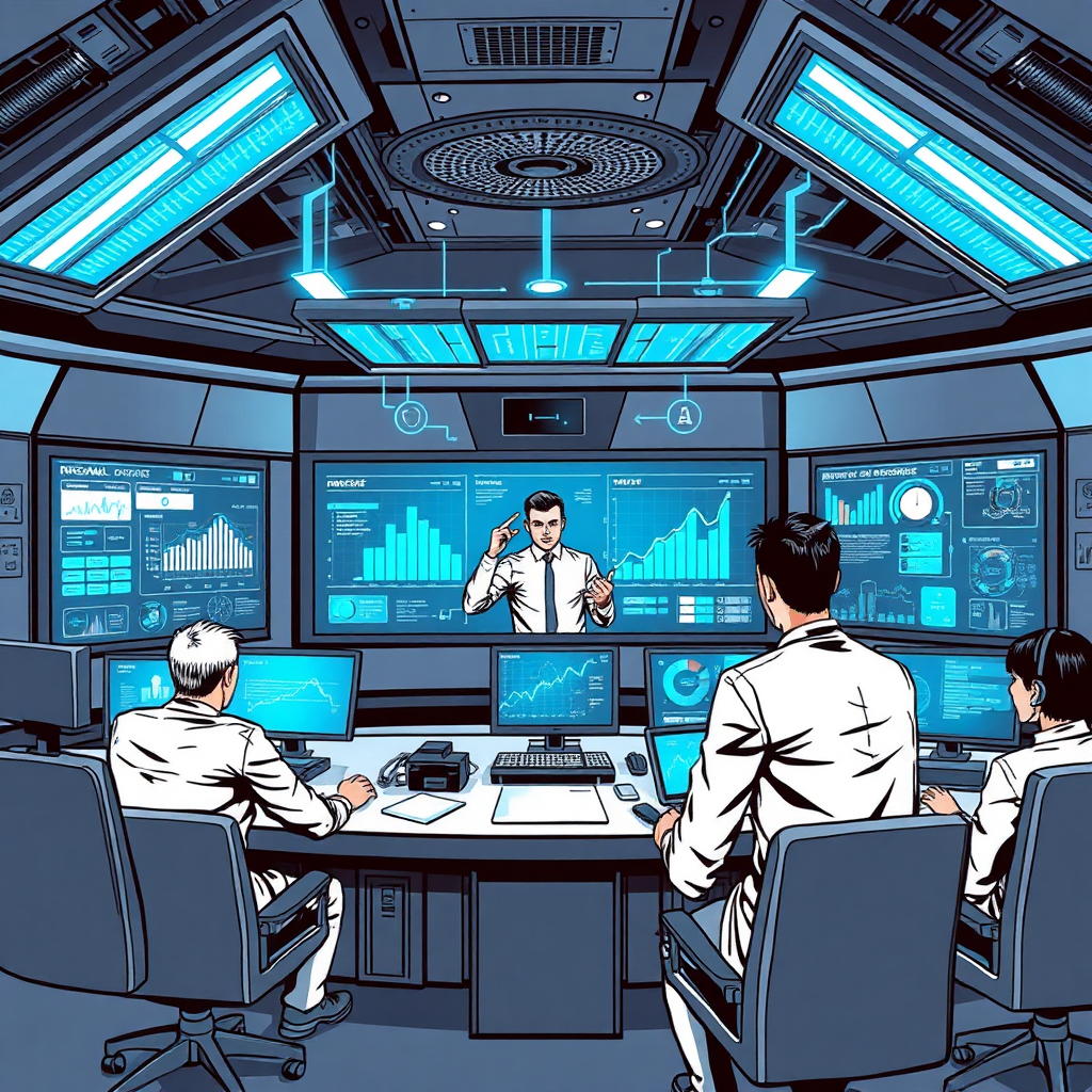 A modern office setting with a sleek computer displaying a dashboard full of analytics and AI algorithms, employees looking at the screen and discussing, futuristic holographic interfaces hovering around them.
