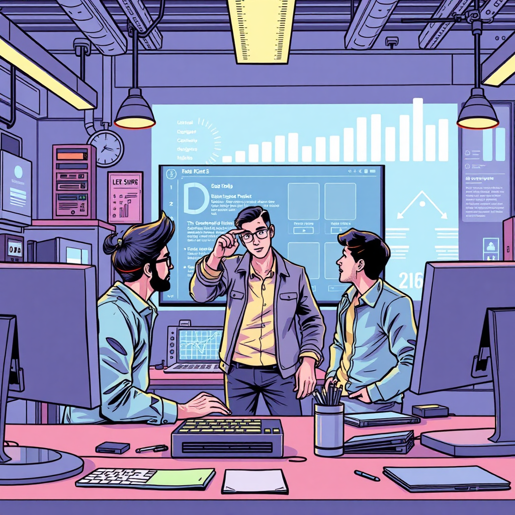 A creative web development team in a trendy, well-lit workspace, working on large monitors displaying website interfaces. Close-up shots reveal intricate web designs and coding scripts, with vibrant digital elements floating above.