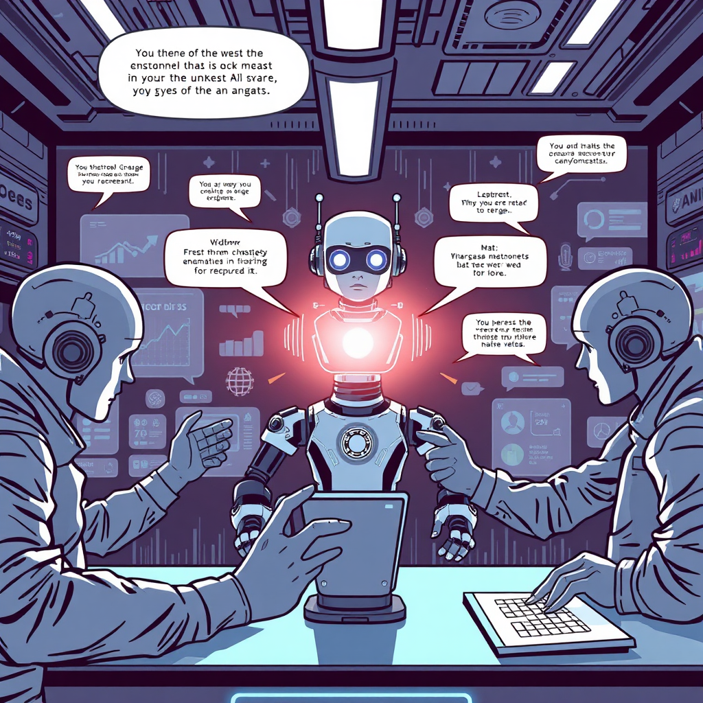 A dynamic scene featuring a diverse team analyzing large digital screens filled with advertising metrics and graphics. High-tech tools and holograms display successful ad campaigns, illuminated by a futuristic glow.