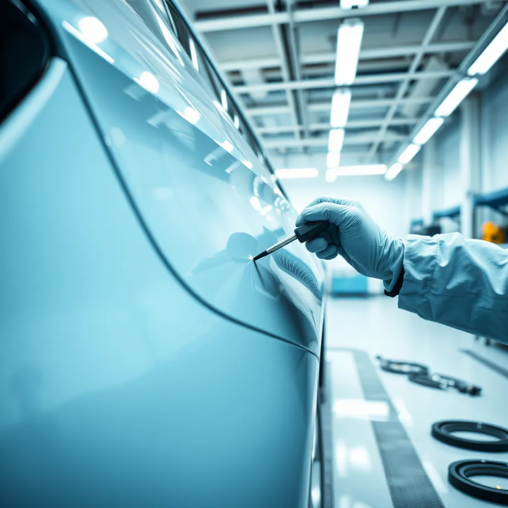 Create a highly detailed, photorealistic image of a technician performing paintless dent repair on a car parked in a bright, spacious auto body shop. The lighting should be soft and evenly distributed, enhancing the clarity of the vehicle's surface. Use a close-up perspective to focus on the technician's hands working with specialized tools, manipulating the metal from behind without affecting the car’s paint. The surrounding environment should feature clean workbenches, an assortment of tools, and a well-organized workspace, conveying professionalism. The color palette should include cool blues and whites, evoking a sense of cleanliness and precision. Textures should emphasize the smoothness of the car's surface and metallic features of tools. Capture in 8K resolution, hyperrealistic detail to portray skill and attention to detail in the service.