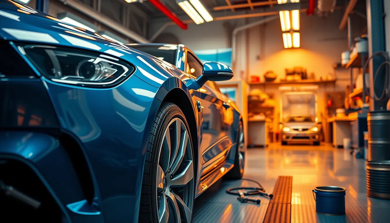 Create a photorealistic, ultra-high-quality header image that showcases a state-of-the-art auto body and paint shop. The composition should feature a sleek, modern car undergoing repair in the foreground, with shiny paint tools and equipment neatly arranged nearby. Incorporate a vibrant color palette of blues and silvers, with warm lighting that creates an inviting atmosphere. Capture the scene from a slightly elevated angle, offering a view of the car's detailed bodywork and the busy workshop background. Emphasize the texture of the car's metal surface, the gloss of fresh paint, and the rugged mechanics of the tools. Environmental elements like paint cans and a workbench should subtly blend into the scene, adding to the authenticity. Art style references should lean towards hyperrealistic, achieving 8K resolution to highlight intricate details and reflections., ultra high resolution, photorealistic, 8K, hyperdetailed, cinematic lighting