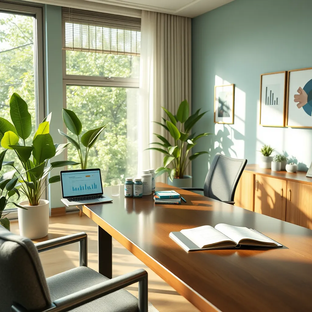 Create a photorealistic image depicting a serene and inviting coaching office filled with natural light, featuring a sleek modern desk adorned with DNA test kits, health reports, and personalized supplement containers. The color palette should consist of soothing greens and blues, conveying a sense of calm and wellness. The camera angle should be slightly angled to capture the desk from a corner perspective, ensuring that the backdrop reveals lush indoor plants and a large window with soft sunlight pouring in. Textures should reflect a clean, contemporary aesthetic with polished wood surfaces, soft fabric for seating, and glass elements for a sophisticated touch. Include props such as a laptop displaying health graphs and a notebook open to show notes about coaching sessions. The overall mood should radiate positivity and professionalism, all in 8K resolution with hyperrealistic detail that highlights the warmth and inspiration of the coaching environment., ultra high resolution, photorealistic, 8K, hyperdetailed, cinematic lighting