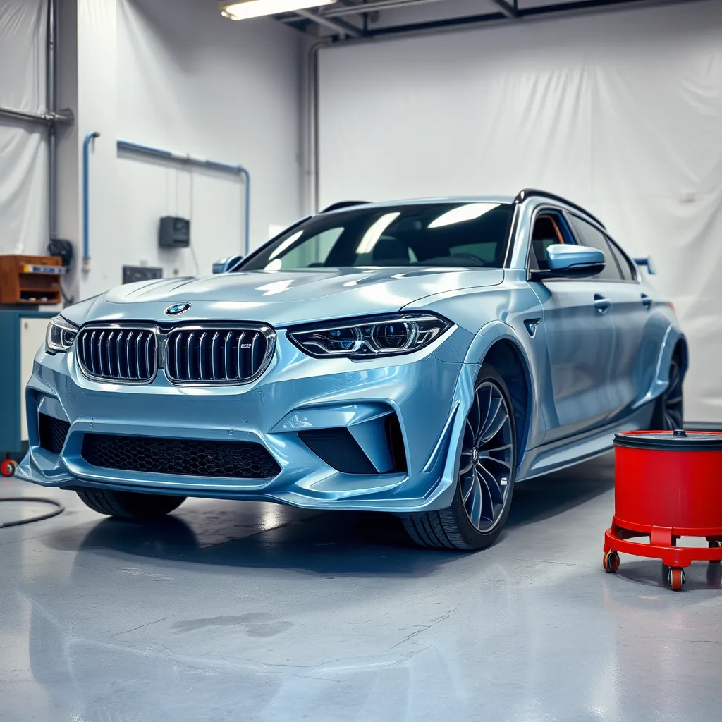 Generate a stunning, ultra-high quality image of a vehicle undergoing a custom paint job in an auto body shop. Focus on a car with a vibrant, colorful design being sprayed by an artist using an airbrush, with dramatic side lighting illuminating the paintwork. The background should include well-organized paint supplies, tools, and inspiring mural designs on the walls. Use a dynamic camera angle to emphasize the artistry in motion, highlighting the fluidity of the paint. The color palette should be bright and imaginative, showcasing reds, blues, and yellows creating an energetic atmosphere. Textures of shiny, wet paint and smooth car surfaces should be prominent, illustrating the high-quality finish. Capture the image in 8K resolution, with ultra-detailed expressions of creativity in a contemporary, artistic style.