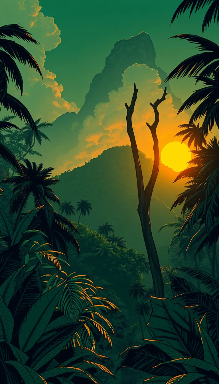 A serene jungle scene at twilight, with soft light filtering through the dense canopy. The scene includes a single, dimly lit cabin set apart from others, surrounded by a thick carpet of green foliage, emphasizing peace and seclusion.