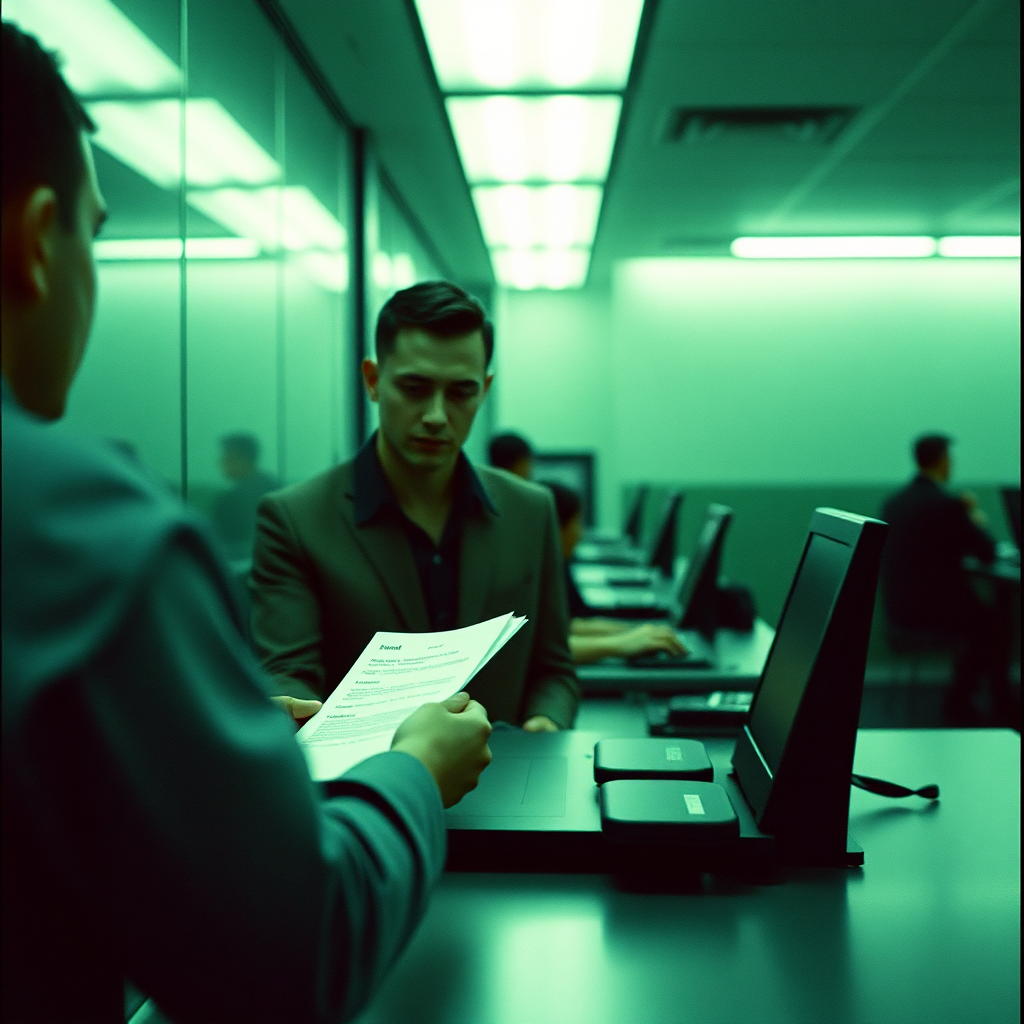 A modern office setting with a sleek computer displaying a dashboard full of analytics and AI algorithms, employees looking at the screen and discussing, futuristic holographic interfaces hovering around them.