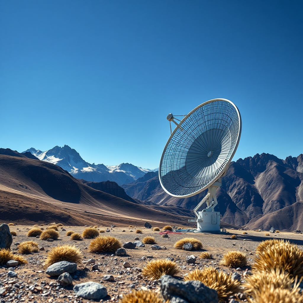 Photorealistic image of a Starlink dish set up in a remote, mountainous region, with clear, unobstructed view of the sky. The dish should appear modern and unobtrusive within the natural environment. The scene should evoke a sense of adventure and off-grid connectivity. Camera angle: slightly low, emphasizing the landscape and the sky. Resolution: 4K. Style: nature documentary