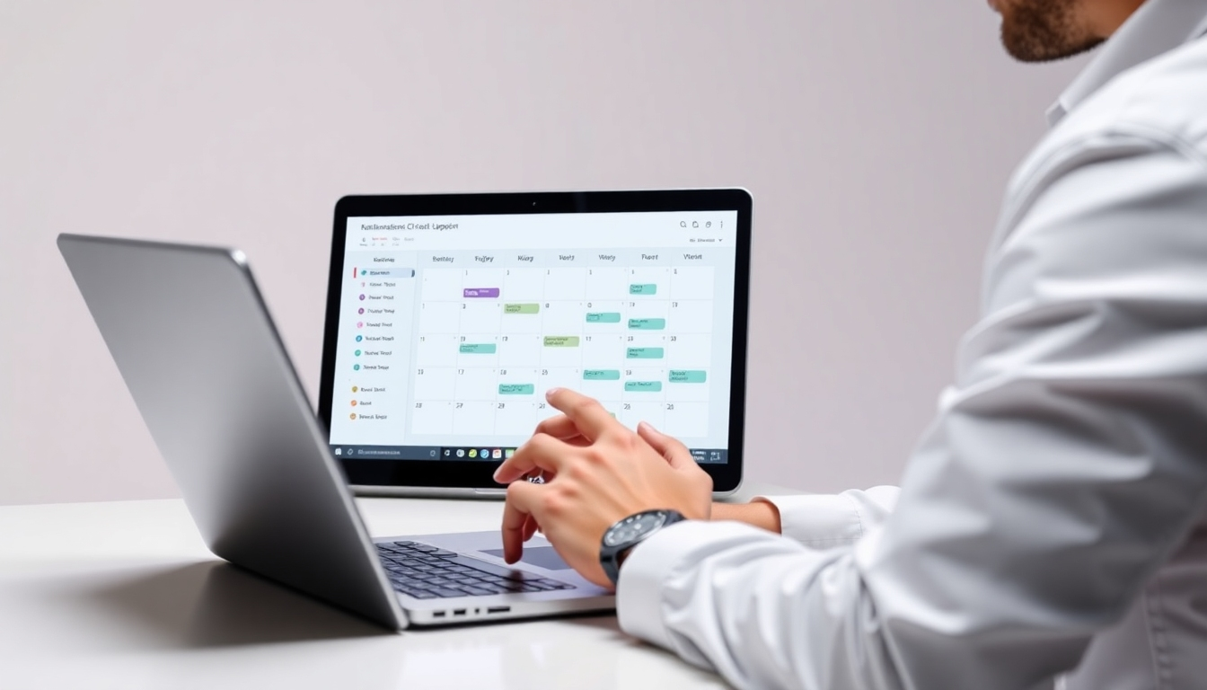 Photorealistic image of a person efficiently managing a digital calendar on a laptop or tablet, highlighting the organization and time management aspects of administrative support. Include elements such as a clean workspace and soft lighting to suggest efficiency and professionalism.