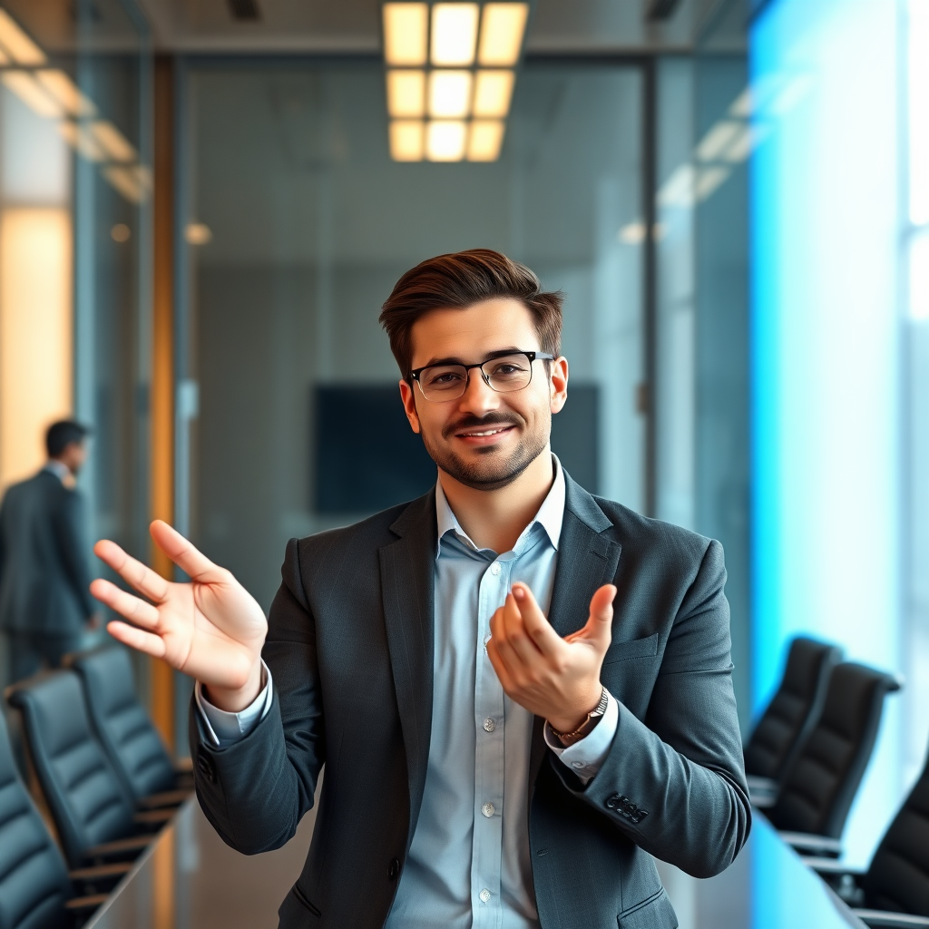 Hero illustration showing a business presentation in a modern conference room