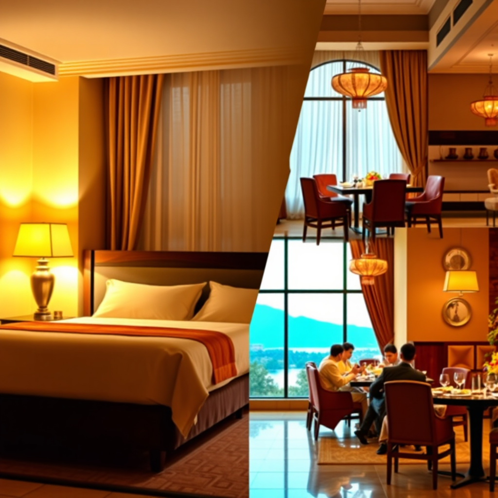 A 4K, high-quality image showcasing the Lake Assal Hotel & Restaurant's dedication to hospitality. The image should combine elements of hotel comfort and restaurant enjoyment. Consider a split composition: one side depicting a warmly lit, inviting hotel room with comfortable furnishings; the other side displaying a vibrant restaurant scene with patrons enjoying a meal. The color palette should be warm and inviting, with touches of traditional Somalian design. The lighting should be soft and flattering. Camera angle: a slightly elevated perspective to capture both scenes effectively. Style reference: aim for a balance between modern elegance and cultural authenticity. The image should convey a sense of welcoming and exceptional service.