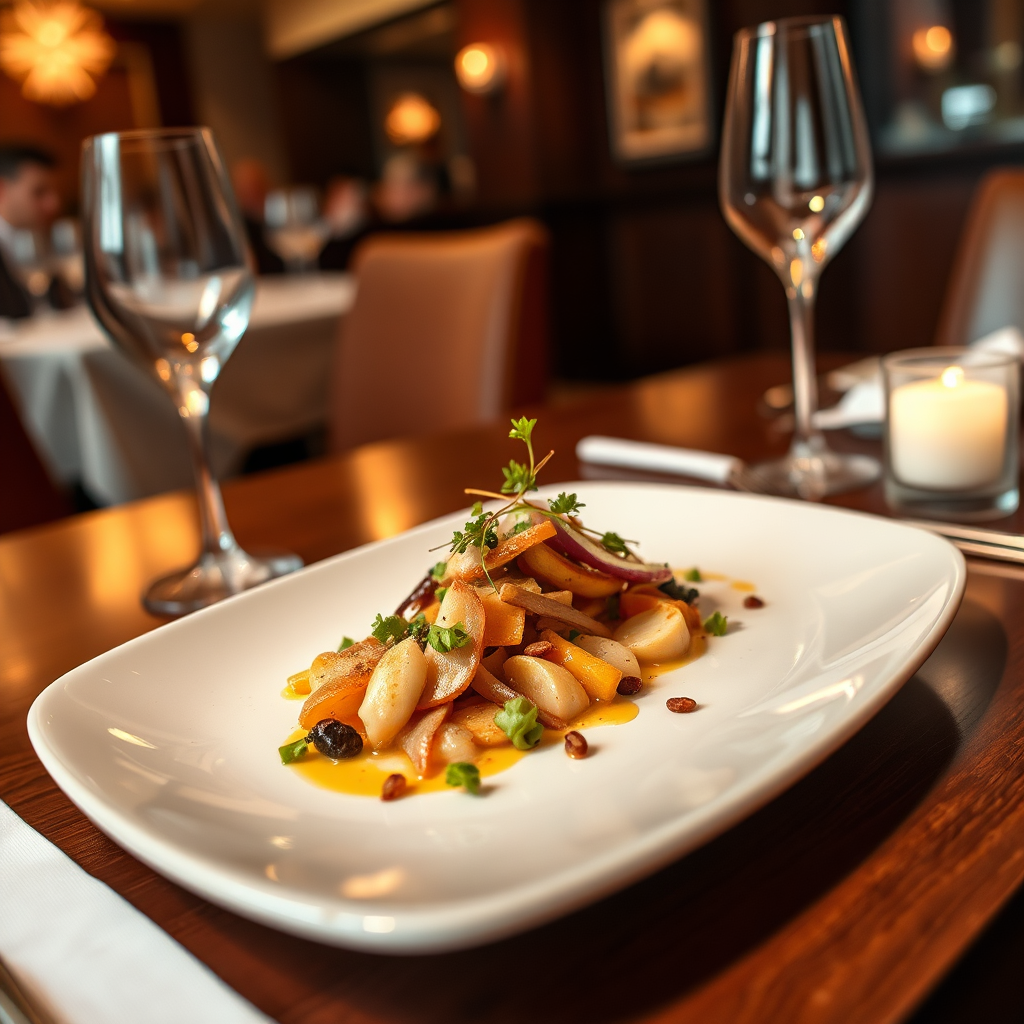 A beautifully plated dish in a fine dining setting, showcasing fresh ingredients and artistic presentation. Soft, warm lighting highlights the details of the dish. 4K resolution.
