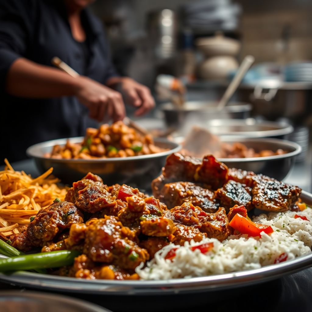 A close-up, mouthwatering 4K image of traditional Somalian cuisine being prepared in the Lake Assal Hotel kitchen. Focus on the textures, colors, and aromas of the food. The style should be authentic and appetizing.
