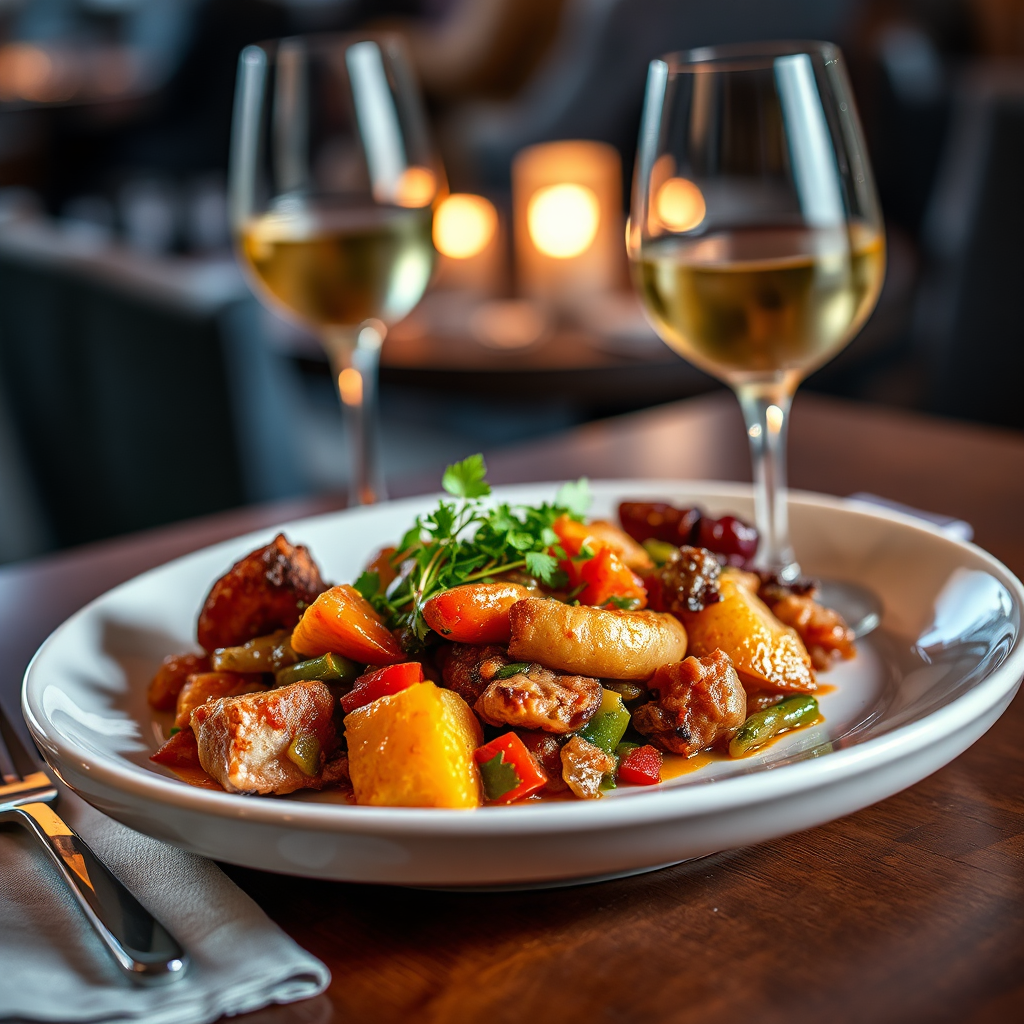 A close-up, photorealistic 4K image of a beautifully plated dish at Lake Assal Restaurant. The dish features a vibrant combination of colors and textures, showcasing fresh, locally sourced ingredients. The lighting is focused and dramatic, highlighting the culinary artistry and creating a sense of anticipation. The background is blurred, drawing attention to the exquisite details of the dish. Style reference: Fine dining photography with a Somali twist. Props: Elegant silverware, a linen napkin, a glass of wine.