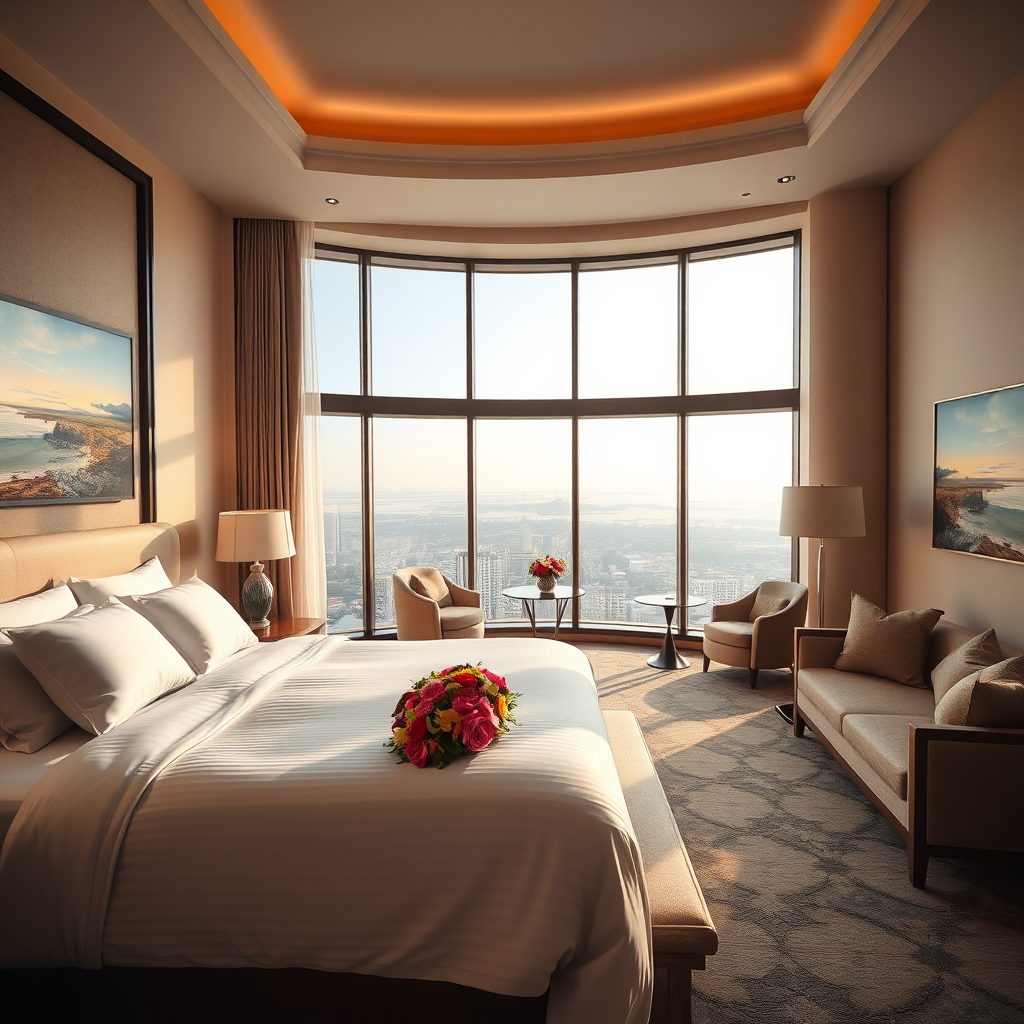 A luxurious hotel suite interior, photorealistic 4K, featuring a plush king-sized bed with crisp linens, a comfortable seating area with stylish furniture, and large windows offering panoramic views of Hargeisa. Soft, natural light fills the room, highlighting the elegant decor and creating a serene ambiance. The scene should convey a sense of tranquility and indulgence. Style reference: Modern luxury hotel design with subtle Somali influences. Camera angle: Wide-angle to capture the spaciousness of the suite. Props: Fresh flowers, a welcome basket, a scenic landscape painting.