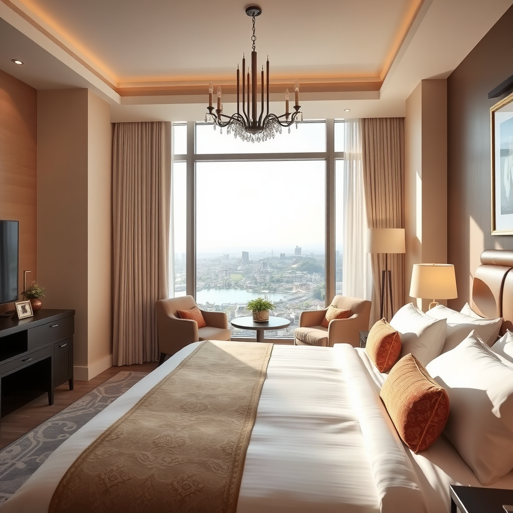 A photorealistic 4K image of a luxurious hotel room in Lake Assal Hotel. The room should be well-lit, showcasing comfortable bedding, modern amenities, and tasteful decor. A view from the window overlooking Hargeisa could be included. The style should be elegant and inviting.
