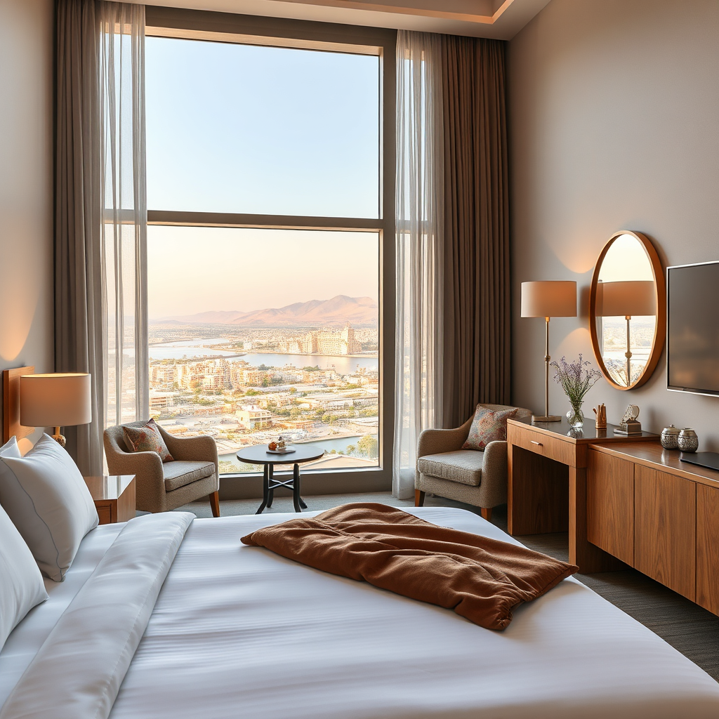A photorealistic 4K image of a beautifully appointed hotel room at Lake Assal, featuring comfortable bedding, modern amenities, and a view of the city. Emphasize cleanliness, style, and comfort. Warm lighting is key.