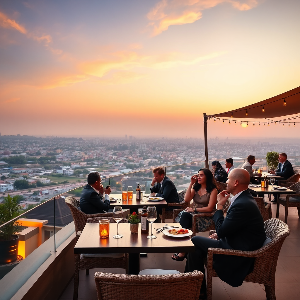 A photorealistic 4K image of the restaurant's outdoor seating area, showcasing panoramic views of Hargeisa. The lighting should be warm and inviting, with a focus on the cityscape in the background. Guests should be shown enjoying their meals and the scenery. The style should be elegant and sophisticated.