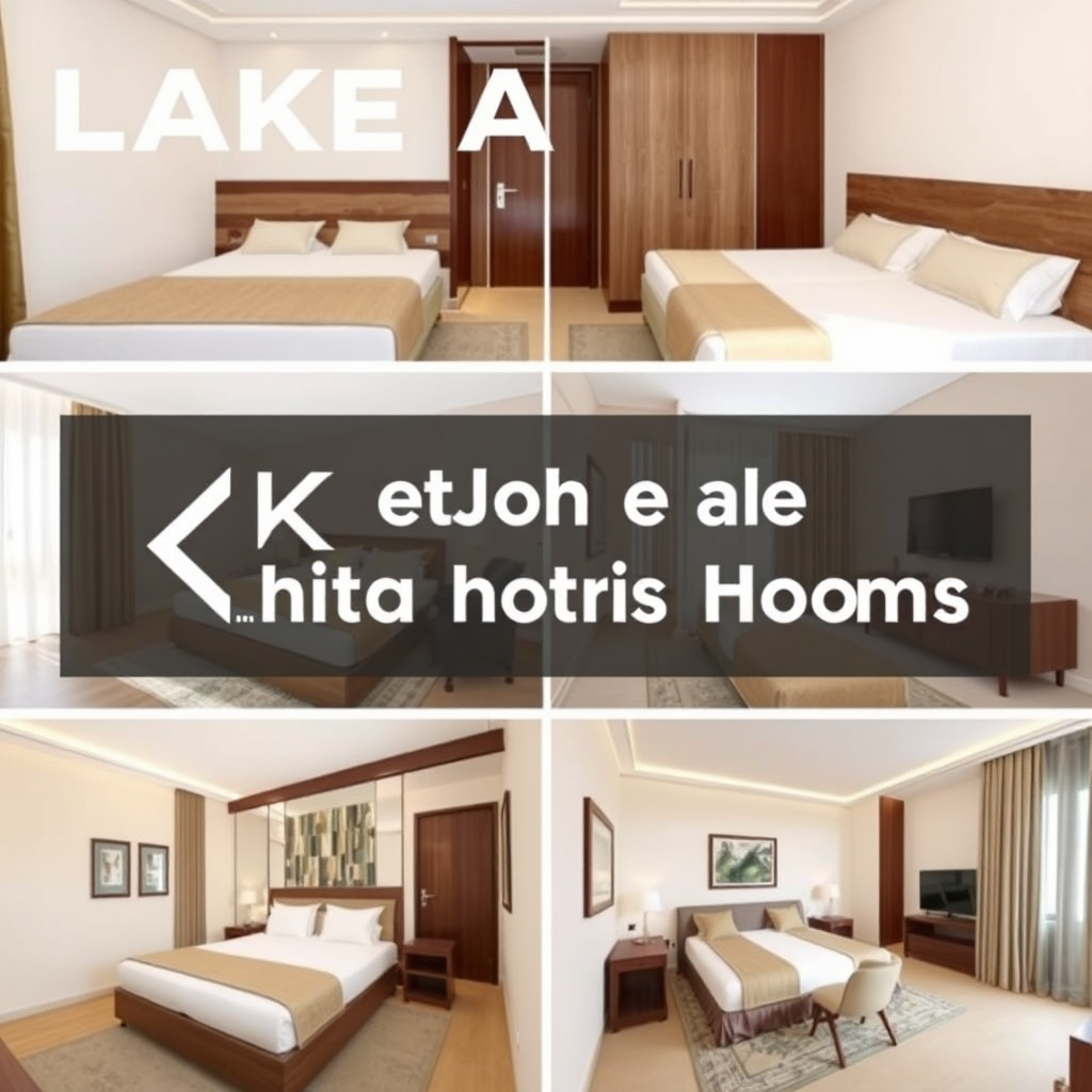A photorealistic 4K image showcasing different types of rooms available at Lake Assal Hotel – a standard room, a suite, and a family room. Highlight the unique features of each room, such as the size, amenities, and decor. The style should be clean and modern.