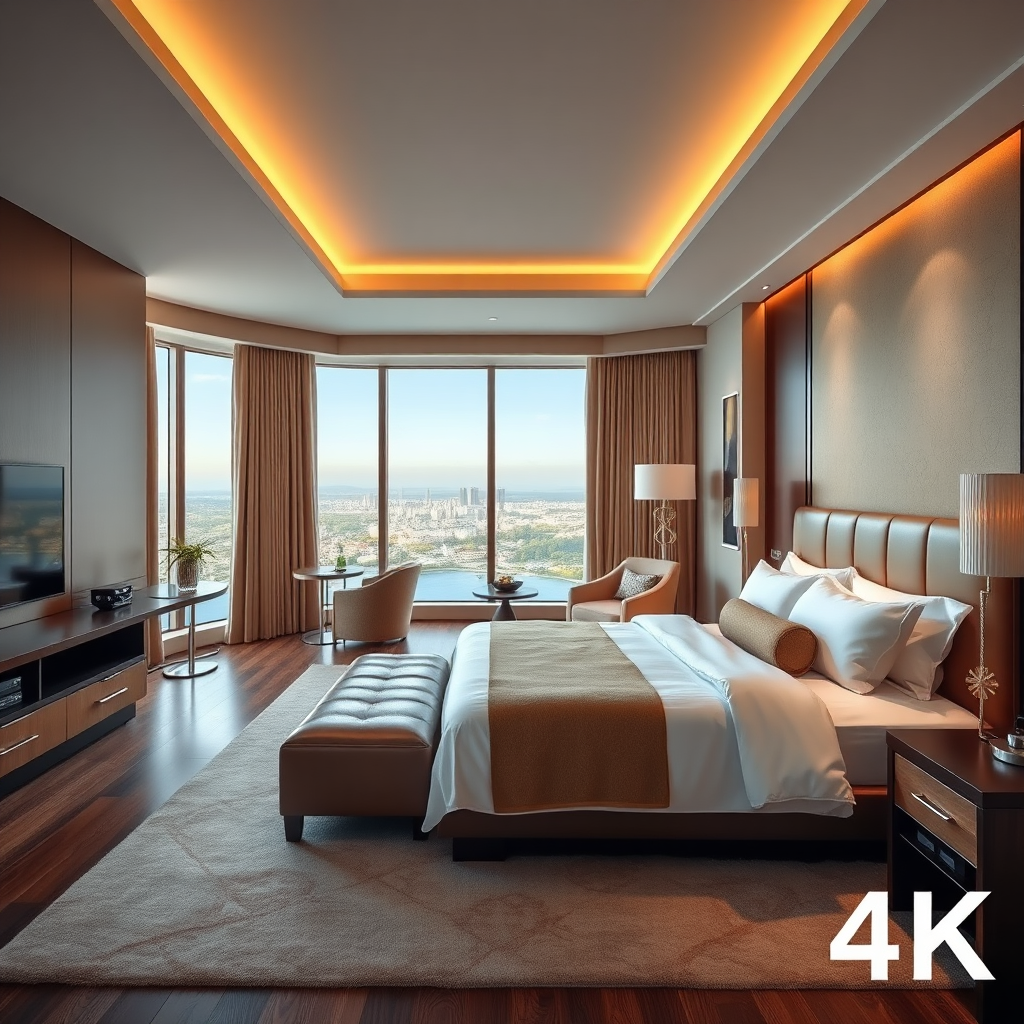 A photorealistic image of a luxurious hotel room interior with a king-size bed, stylish furnishings, and a panoramic view. Soft lighting enhances the room's serene atmosphere. 4K resolution.