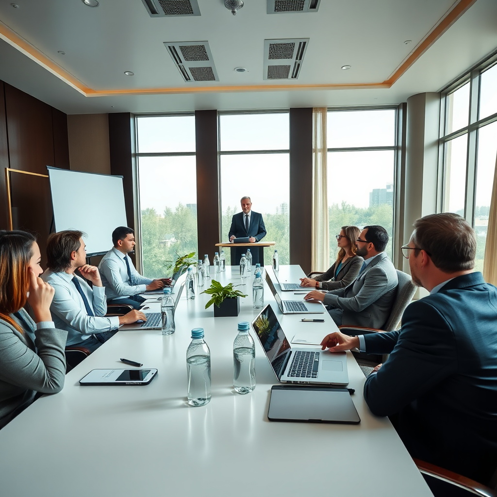 A professional and well-lit 4K image of the Lake Assal Hotel conference room. The room is equipped with modern furniture, state-of-the-art technology, and large windows offering natural light. The scene depicts a successful business meeting in progress, with participants engaged in a lively discussion. Style reference: Corporate event photography. Camera angle: Eye-level to capture the dynamic of the meeting. Props: Presentation screen, laptops, water bottles.