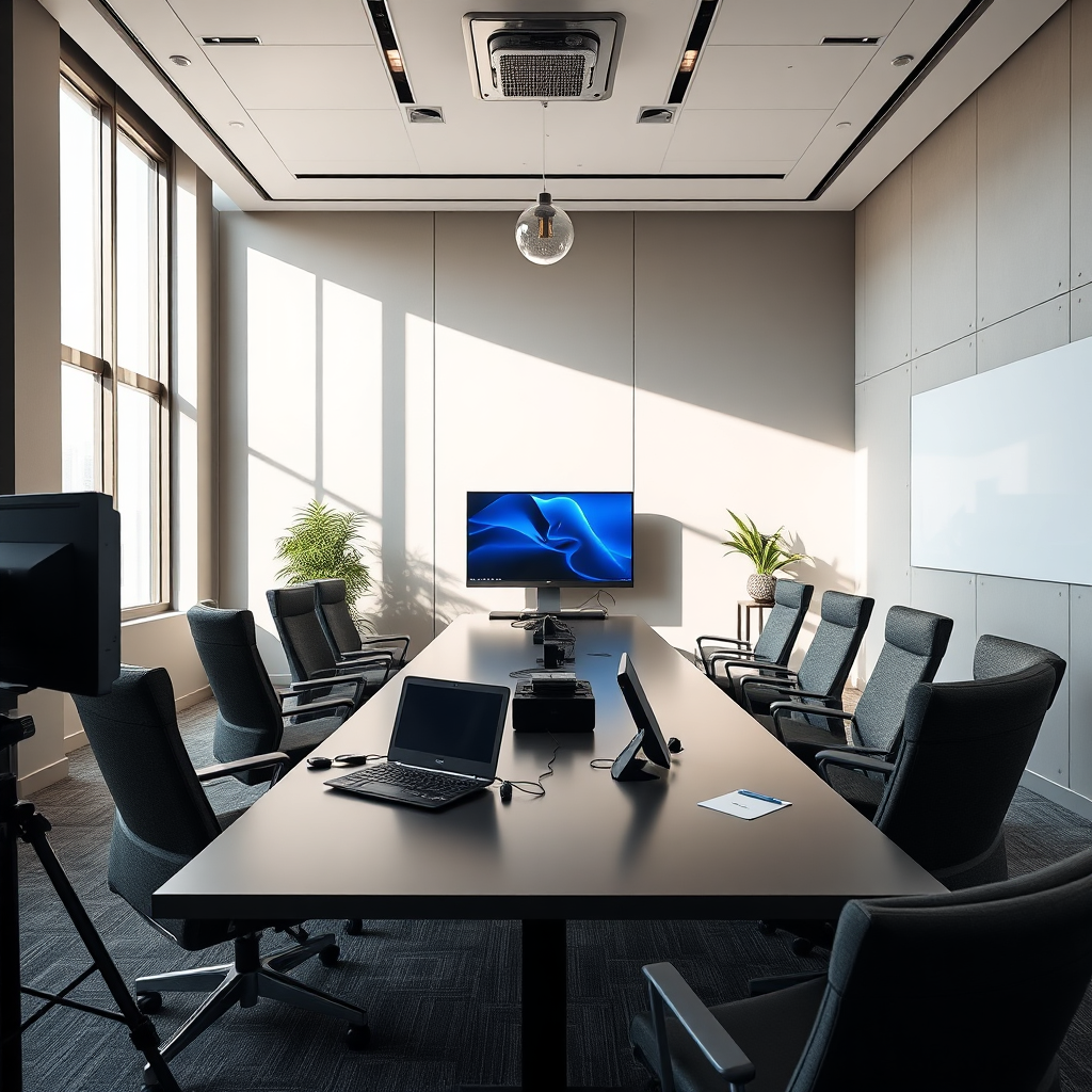 A professionally set up conference room with modern equipment, comfortable seating, and ample natural light. 4K resolution.