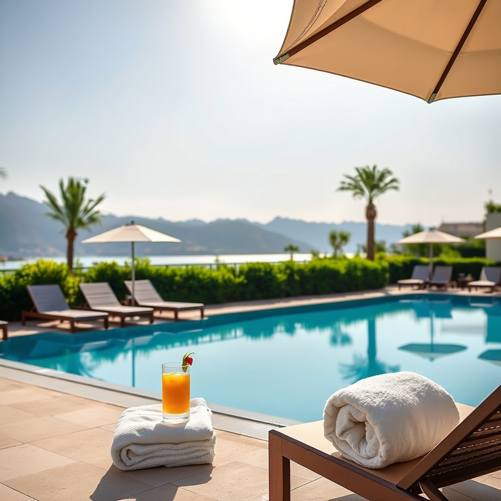 A serene 4K image of the Lake Assal Hotel swimming pool area. The pool is crystal clear and surrounded by comfortable lounge chairs and lush greenery. Soft, natural light illuminates the scene, creating a relaxing and inviting ambiance. In the background, the hotel's architecture and the surrounding landscape are subtly visible. Style reference: Luxury resort photography. Camera angle: Slightly elevated to capture the layout of the pool area. Props: Sun umbrellas, refreshing beverages, fluffy towels.