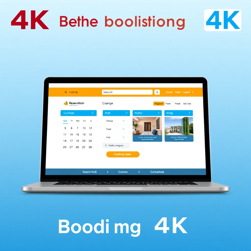 A stylized 4K image depicting a clean and modern online booking interface. Focus on the visual elements of a reservation system – calendar, booking confirmation, hotel images. Use a bright and inviting color scheme. A laptop or tablet displaying the interface can be included. The overall style should be professional and easy to understand.