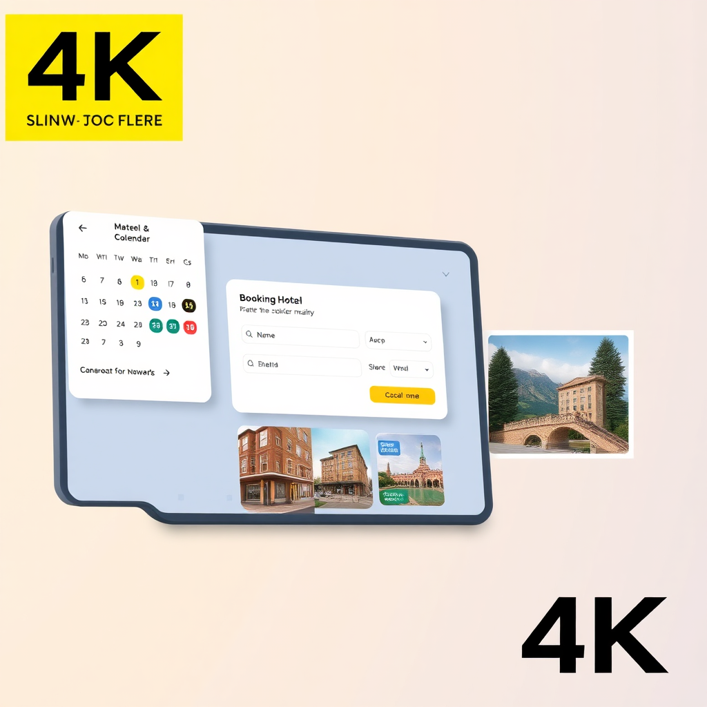 A stylized 4K image depicting a seamless online booking experience. Showcase a clean and modern interface with a calendar, booking confirmation, and hotel images. The overall style should be user-friendly and visually appealing.