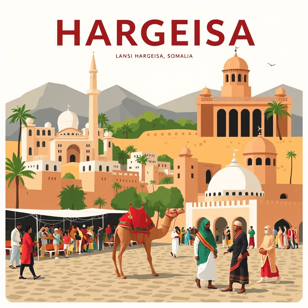 A stylized image showcasing iconic landmarks and cultural elements of Hargeisa, Somalia. Consider including images of the camel market, local architecture, and traditional clothing. The color palette should be vibrant and representative of the city's energy. The style should be artistic and engaging.