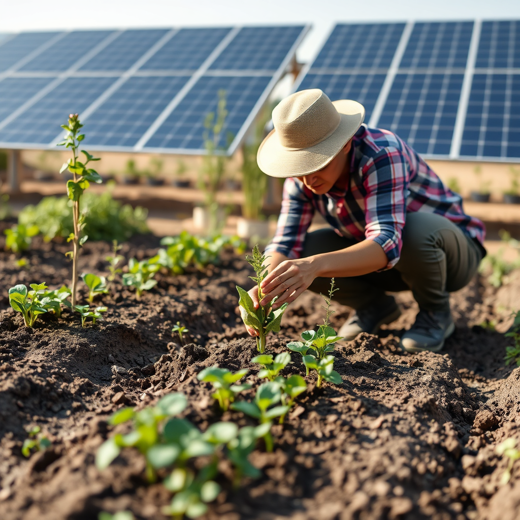 A sustainable environment with solar panels. Lake Assal hotel has a garden to use to grow foods. A photorealistic 4K image showing a person planting something in the ground. Soil and greenery with a focus on sustainable growing practices. Style reference: Eco-friendly photography. Camera angle: Slightly elevated to capture the nature surrounding.