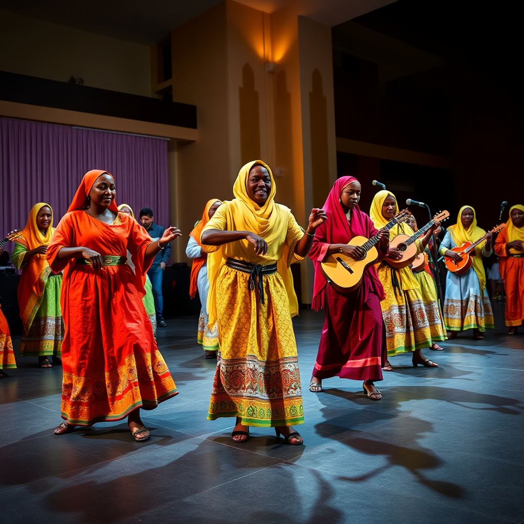 A vibrant and colorful 4K image of a traditional Somali dance performance at Lake Assal Hotel. The dancers are dressed in traditional attire and are performing energetic movements to traditional music. The lighting is dramatic, highlighting the colors and the energy of the performance. Style reference: Cultural event photography. Camera angle: Front-facing to capture the full performance. Props: Traditional musical instruments, dancers.