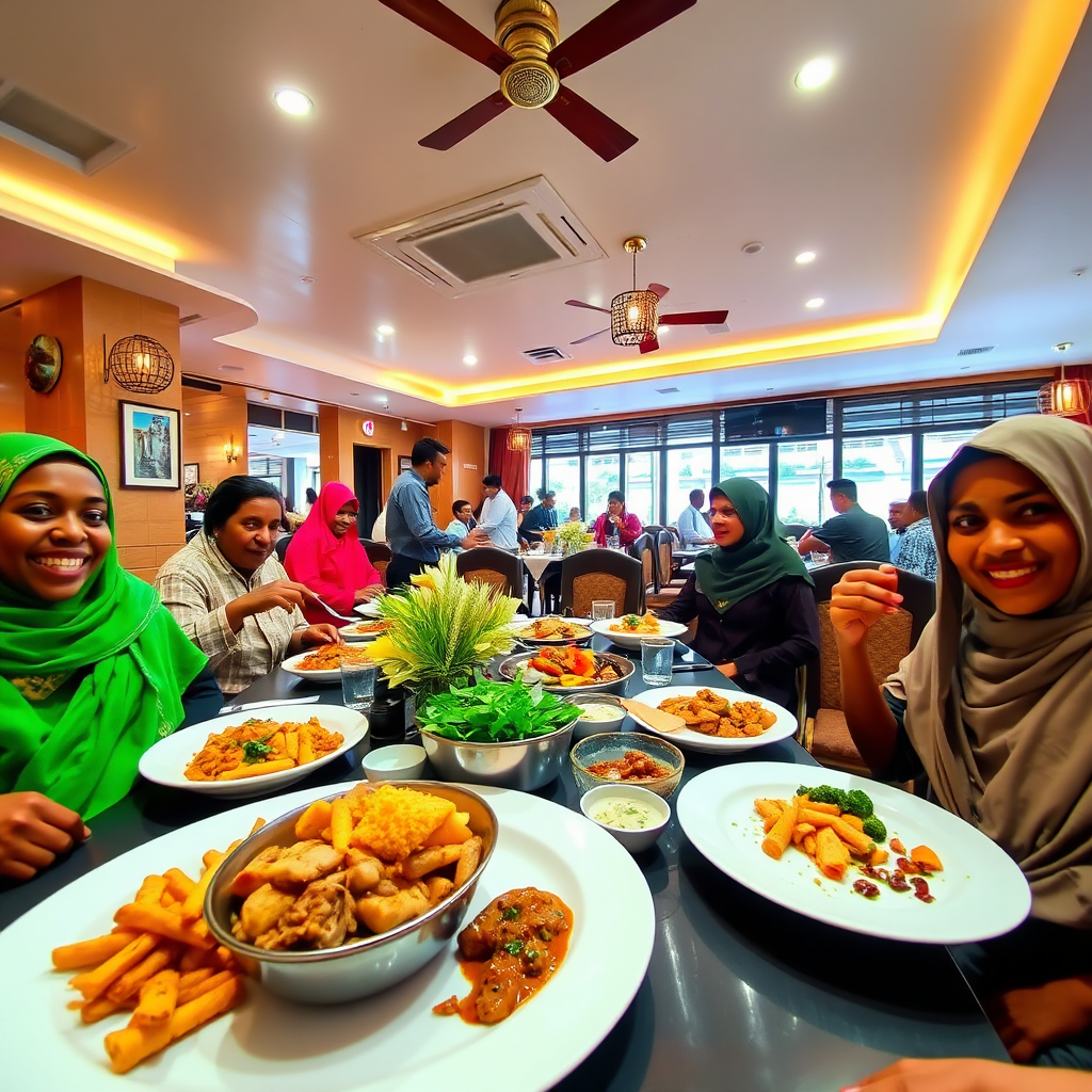 A vibrant and inviting 4K image of the restaurant at Lake Assal Hotel. Show a variety of dishes being served – both traditional Somalian and international cuisine. The setting should be warm and welcoming, with happy customers enjoying their meals. Pay attention to the food presentation and the overall ambiance.