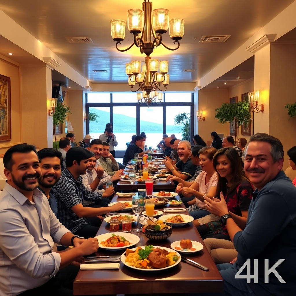 A vibrant and inviting 4K image of the restaurant at Lake Assal, filled with happy patrons enjoying a variety of dishes. Focus on the food presentation, the ambiance, and the overall dining experience. The lighting should be warm and flattering.