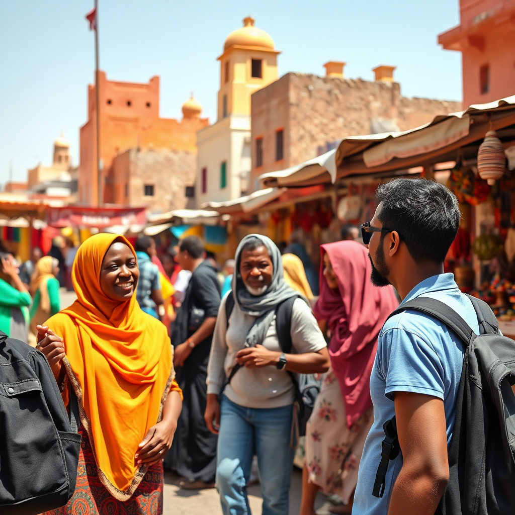 A vibrant, photorealistic 4K image of a group of tourists exploring a bustling marketplace in Hargeisa. The scene captures the energy and excitement of the city, with colorful stalls, local vendors, and traditional Somali architecture. A friendly tour guide is interacting with the group, sharing insights about the local culture. The lighting is bright and sunny, highlighting the vibrant colors and creating a sense of adventure. Style reference: Travel photography with a focus on cultural immersion. Props: Traditional Somali crafts, local spices, a map of Hargeisa.