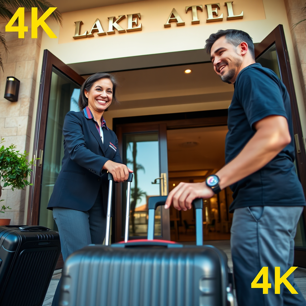 A warm and inviting 4K image of a Lake Assal Hotel staff member assisting a guest with their luggage at the hotel entrance. The staff member is smiling and providing exceptional service. The hotel exterior is visible in the background, showcasing the hotel's architecture. Style reference: Hospitality photography. Camera angle: Eye-level to capture the interaction between the staff member and the guest. Props: Luggage, hotel entrance, smiling staff member.