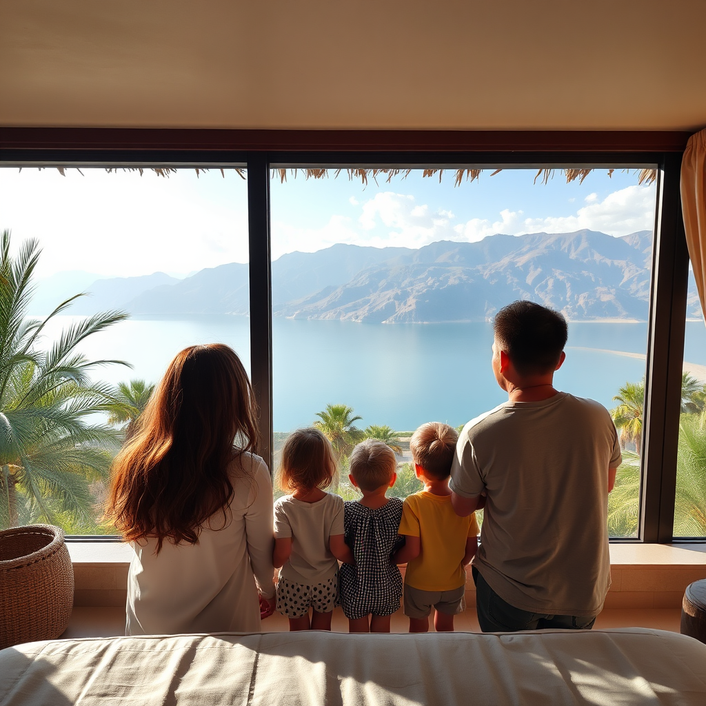 A wide angle, photorealistic 4K image of a family enjoying their time at Lake Assal Hotel. There is a mother, a father, and two children. The family is looking off into the distance to an amazing scenic view in a lush and relaxing environment. Style reference: Family resort photography. Camera angle: Slightly elevated to capture the scenic view. Props: Family, scenery, hotel, relaxing atmosphere.
