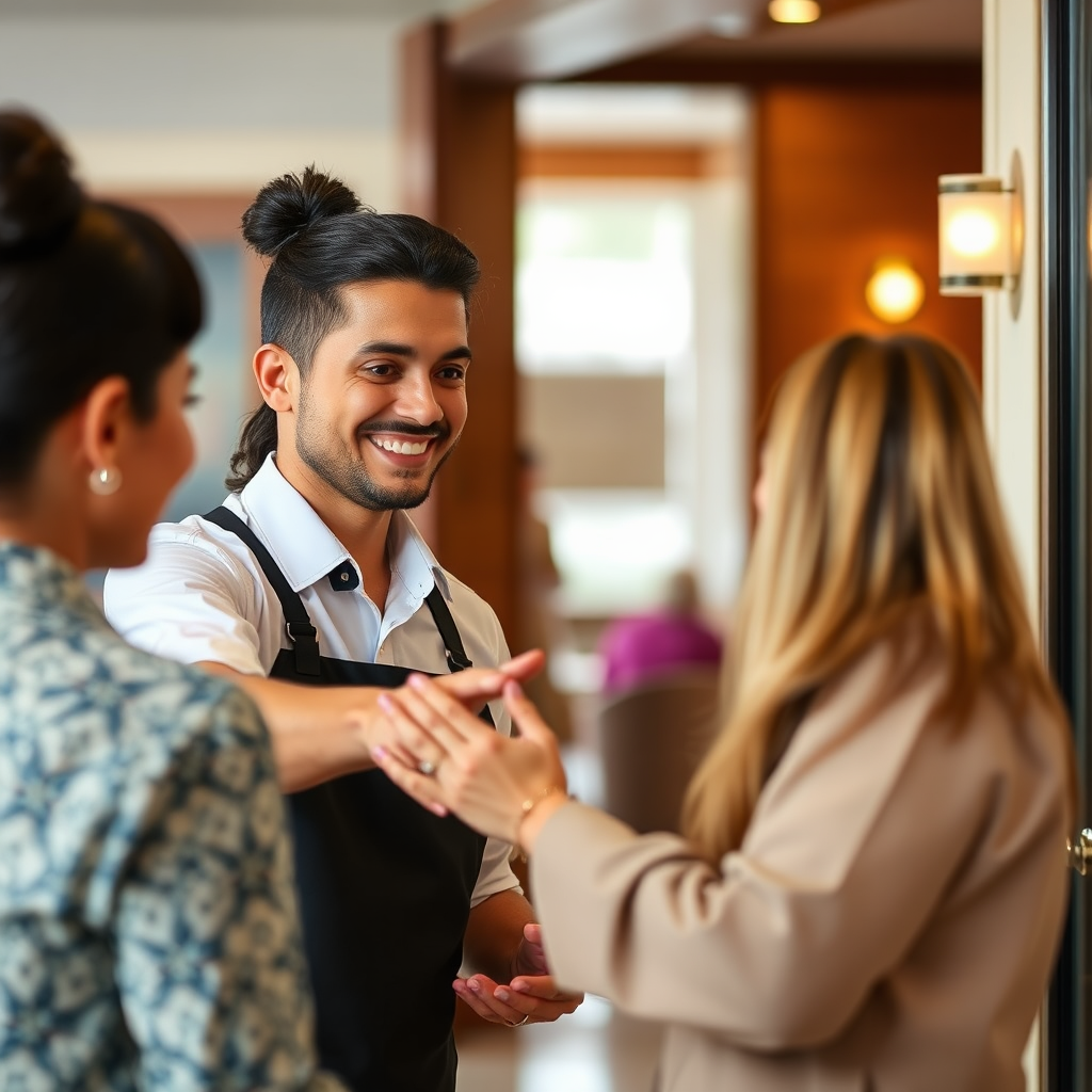 An image depicting a friendly hotel staff member warmly greeting a guest. The atmosphere should be welcoming and genuine, emphasizing the personalized service offered at Lake Assal Hotel. Include subtle details that convey hospitality and care.